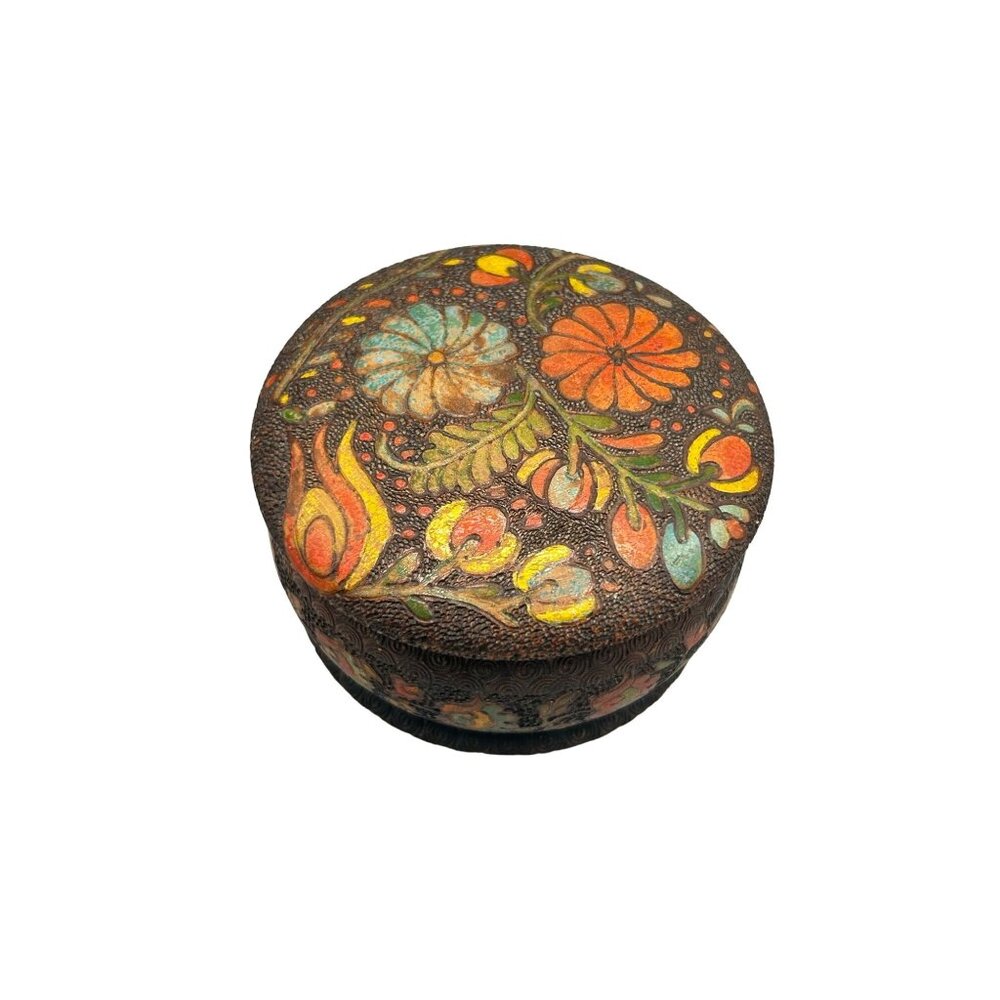 Vintage Handcrafted Round Wooden Trinket Box with Floral Design Jewelry Storage